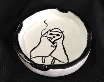 Handmade Ashtray Kitty, Smoking Cat, Cool Pussy, Funny Doodle, Cute Ashtray