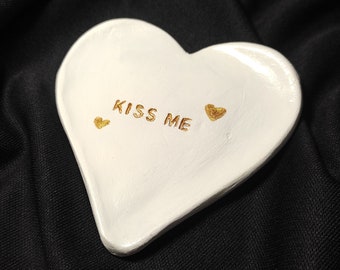 Handmade Heart Shaped ' Kiss Me ' Jewelry Dish, Valentine's Day Gift, Hand-Painted Clay Ring Dish, Jewelry Holder