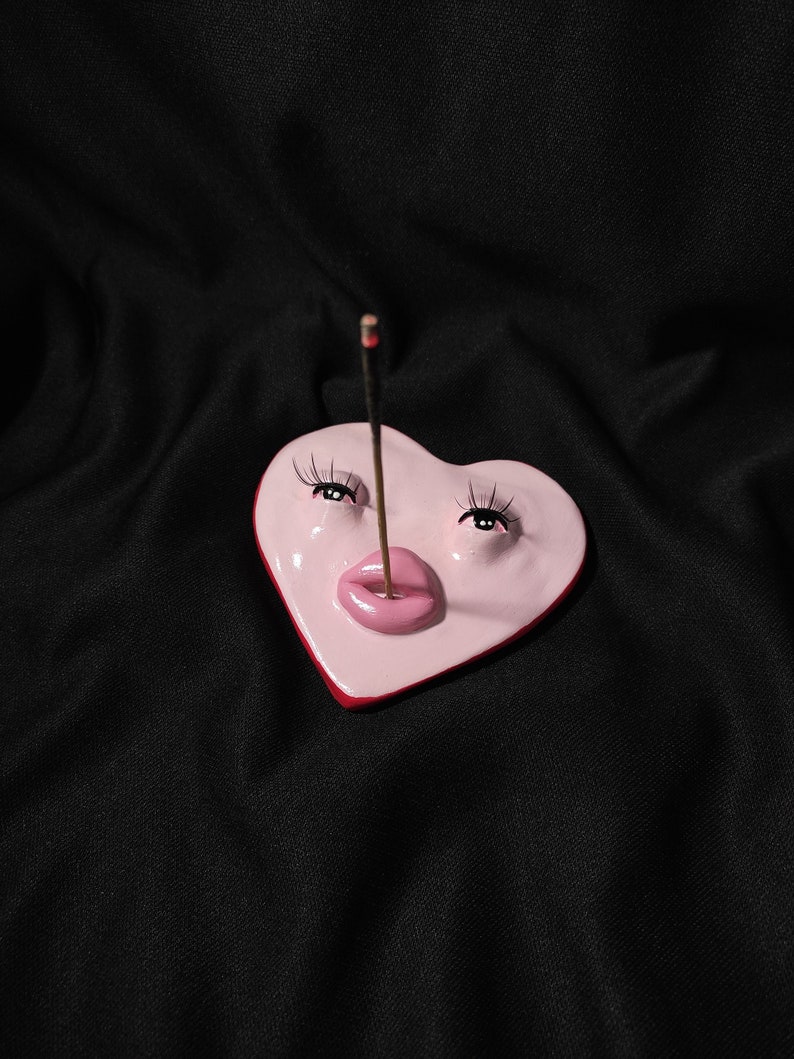 Pink Heart Shaped Incense Holder, Cute Clay Incense Holder, Incense Burner With False Eyelashes image 1