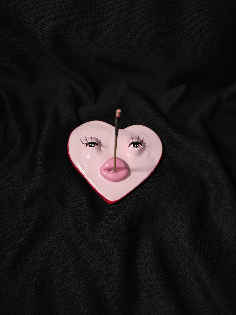 Pink Heart Shaped Incense Holder, Cute Clay Incense Holder, Incense Burner With False Eyelashes image 3
