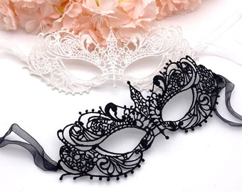 Black and white Women's Lace Mask perfect for masquerade ball, party, halloween,hand strung organza ribbon