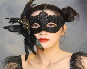 Black Mask, Black Feather Mask, Halloween, Party Mask, Women Mask, Dance Carnival Feather Black Mask, Gift For Her, Gift