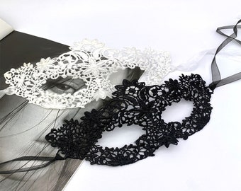 Black and white Women's Lace Mask perfect for masquerade ball, party, halloween, hen dos, prom, hand strung organza ribbon