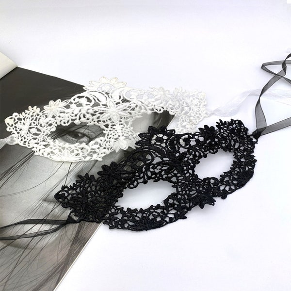 Black and white Women's Lace Mask perfect for masquerade ball, party, halloween, hen dos, prom, hand strung organza ribbon