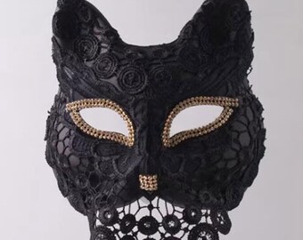 Masque de mascarade, masque de dentelle de danse adulte, masque de dentelle noire, masque d'oreille de chat noir, masque de fête, masque de chat, masque d'Halloween