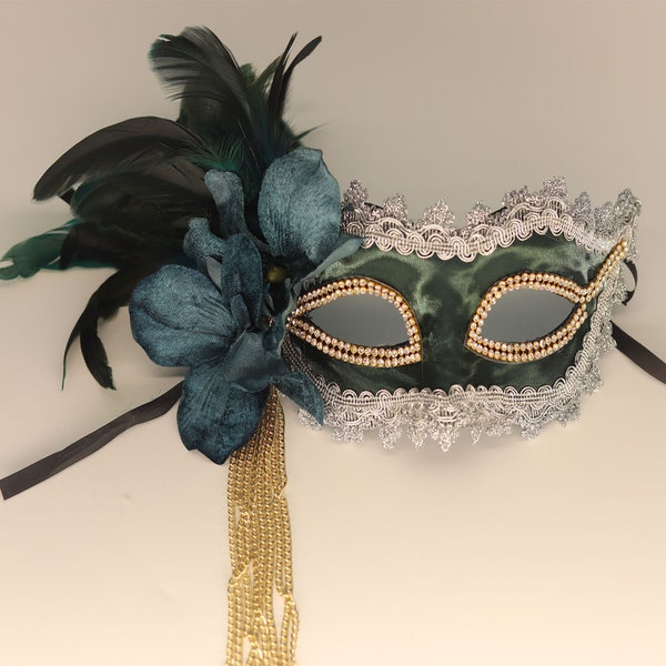Venetian feather mask, costume party mask dance, adult dance gauze lace mask, feather gauze crystal mask, green Venetian mask, goddess mask