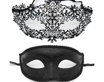 Couple makeup mask, his and her mask, black mask, wedding mask, couple dance mask, new year party mask