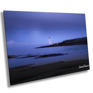 Scurdie Ness Lighthouse at Blue Hour, Montrose Harbour, Angus, Scotland – A Tranquil Coastal Scene with North Sea Reflections. Home Decor.
