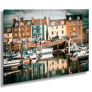 Arbroath Harbour Reflection with Vibrant Coloured Houses, Coastal Wall Art, Angus, Scotland Photography Print, Nautical Seaside Home Decor.