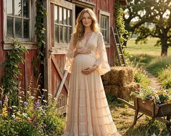 Maternity Maxi Dress, Boho Chiffon Pregnancy Dress, Pleated Baby Shower Gown, Maternity Photoshoot Outfit, Romantic Pregnancy Dress