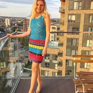 Multicoloured crochet dress blue pride colours handmade unique