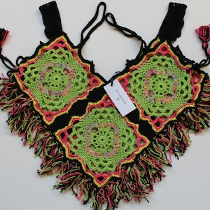 Bohemian hippie crochet top with tassels green pink festival top Anni & Amie