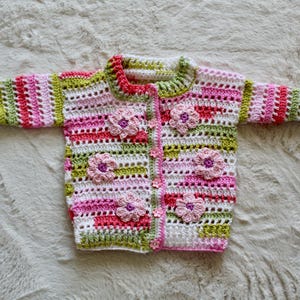 Handmade Spring floral baby girl cardigan pink green white with flower buttons and appliqué | 6-12 months | Anni & Amie