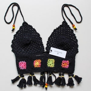 Black crochet festival top with tassels and beaded corset tie up back