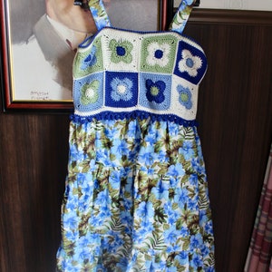 Handmade crochet cotton floral dress with pom pom detailing blue green vintage style