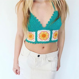 Handmade crochet blue sparkly crop top with flowers and corset tie up back free spirit boho Anni & Amie unique