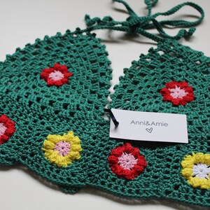 Handmade crochet green crop top with flowers and corset tie up back free spirit boho Anni & Amie unique