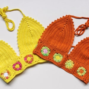 Crochet crop top with multicoloured flowers and corset tie up back handmade in UK Anni & Amie