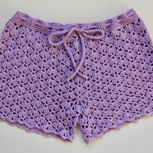 Crochet handmade lilac sparkly shorts with scallop detailing