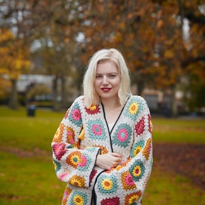 Handmade Granny Square Patchwork Beige Jacket, Patchwork Cardigan, Knit Crochet Coat, Multicoloured, Granny Square Coat, Crochet Coat