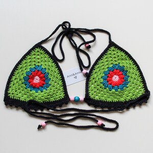 Crochet bikini top bralette with beaded detail hippie festival bohemian chic green and black detailing Anni & Amie