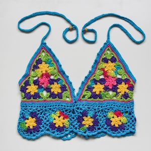 Handmade crochet crop top blue floral with corset tie up back festival boho hippie Anni & Amie