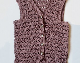 Brown crochet sleeveless cardigan waistcoat vest with leopard print buttons Anni & Amie festival boho style