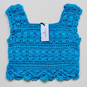Turquoise blue crochet crop top delicate style summer chic beachwear everyday top Anni & Amie