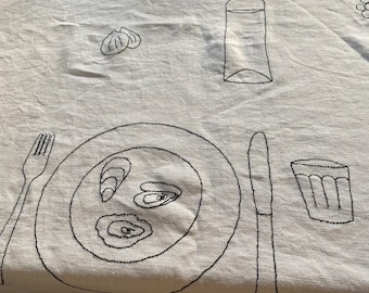 Hand embroidered dinner for 4  linen table  cloth with plates  , mediterenian food   - 4 seats with plates allocation  . Black on white