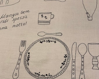 Hand embroidered imaginary dinner  tablecloth for 6 seattings , cutleries, food and drinks, Italian . Black on white or any colour possible
