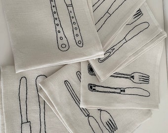 Hand embroidered dinner  Linen Table napkins  with cutleries - 6 peaces  . Black on white