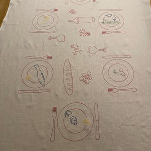 Hand embroidered customized imaginary dinner for 6  Linen Table cloth with plates allocation , cutlieries , food and drinks , bread