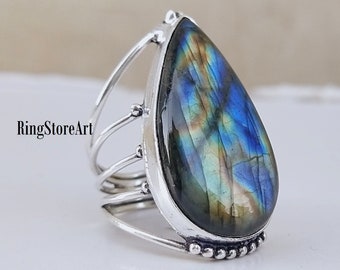 Natural labradorite ring, Buy 2 Get 1 Free,925 Sterling Silver statement boho ring,  gemstone ring, Ring, labradorite Ring, Big stone Ring