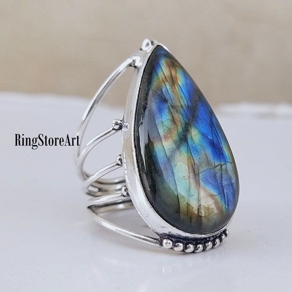 Bague en labradorite naturelle, achetez-en 2, obtenez-en 1 gratuit, bague bohème tendance en argent sterling 925, bague avec pierres précieuses, bague, bague labradorite, grosse bague en pierre