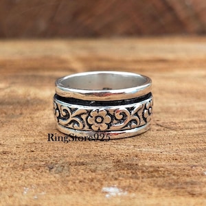 Handmade Sterling Silver Spinner Ring, Vintage Floral Scrollwork Fidget Band, Custom Engraved Stackable, Minimalist Statement Jewelry Gift