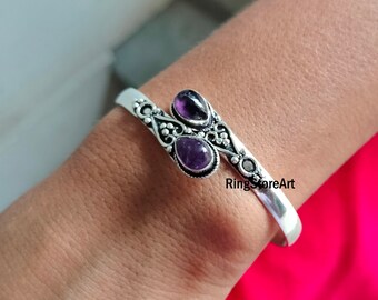 Amethyst Bangle, 925 Sterling Silver Plated Cuff Bangle, Handmade Bangle, Silver Bangle, Gemstone Bangle, Hammered Amethyst Bracelet.