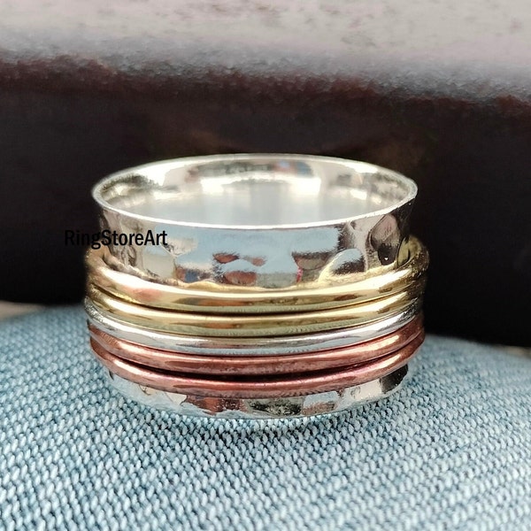 Three Tone Spinner Ring,925 Sterling Silver , Spinner Rings For Women! Spinner Ring, Meditation Ring,Handmade Spinner Ring,Spinning Ring