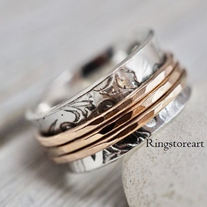 Three Tone Spinner Ring 925 Sterling Silver Spinner Rings For Women Spinner Ring Meditation Ring Handmade Spinner Ring Spinning Ring image 1