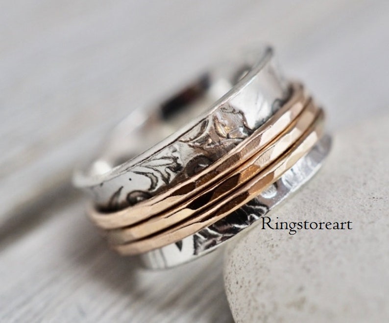 Three Tone Spinner Ring 925 Sterling Silver Spinner Rings For Women Spinner Ring Meditation Ring Handmade Spinner Ring Spinning Ring image 1