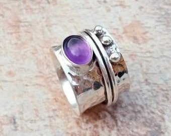 Amethyst Spinner Ring, Thumb Ring, Anxiety Ring, 925 Silver Ring