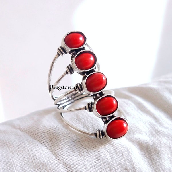 Natural Red Coral Ring, 925 Sterling Silver Ring, Oval Red Coral Ring, Natural Coral Gemstone Ring, Promise Ring, Gift For Her,