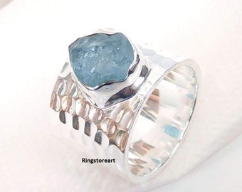 Rough Aquamarine Ring, Sterling Silver Ring, Raw Aquamarine Ring, Boho Rings for Women, Aquamarine Healing Stone Ring, Aqua Gift For Ring