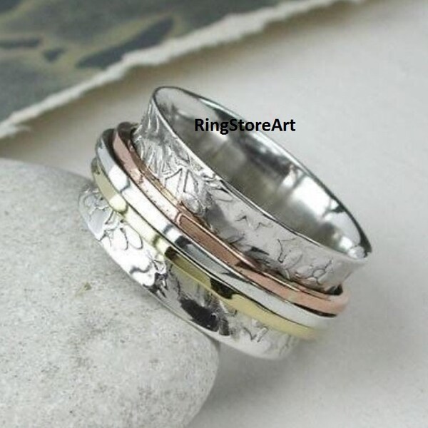 Sterling Silver Flower Spinner Ring - Boho Handmade Anxiety & Stress Relief Jewelry For Women, Size 6, Gift Boxed