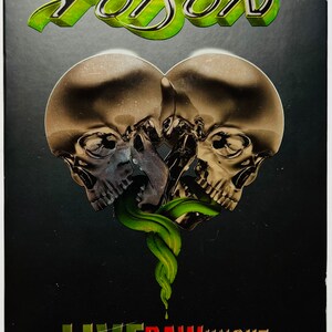 May include: A black DVD case with a green and silver image of two skulls intertwined with a green snake. The text "Poison Live Raw & Uncut" is printed in green, red, and gold letters.