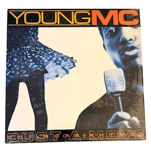 May include: A vinyl record album cover featuring the text "YOUNG MC" in orange and yellow. The album art includes a blue-toned image of a person holding a microphone and a dancer. The album title "Bust a Move" is also visible.
