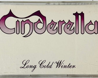 May include: A cassette tape with a white background and the text "Cinderella" in a purple and pink gradient font. The text "Long Cold Winter" is written in black cursive font below the band name.