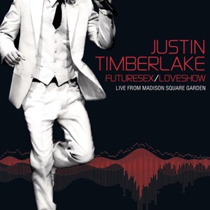 May include: A poster featuring Justin Timberlake in a white suit and black tie, holding a microphone. The text reads JUSTIN TIMBERLAKE FUTURESEX/LOVESHOW LIVE FROM MADISON SQUARE GARDEN. A red sound wave graphic and a Parental Advisory label are visible.