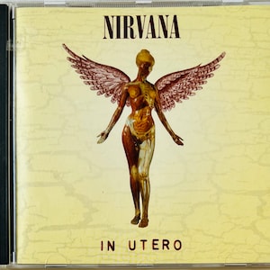 May include: A CD case with a yellow background and a graphic of a woman with wings. The text "NIRVANA" is at the top and "IN UTERO" is at the bottom.