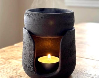 Handgemachter schwarzer Keramikölbrenner – Steingutwachsbrenner für ätherische Öle – Minimale Aromatherapie