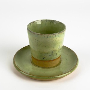 Rustic Boho Turkish Coffee Set - Handmade Green Glazed Stoneware Mug & Saucer